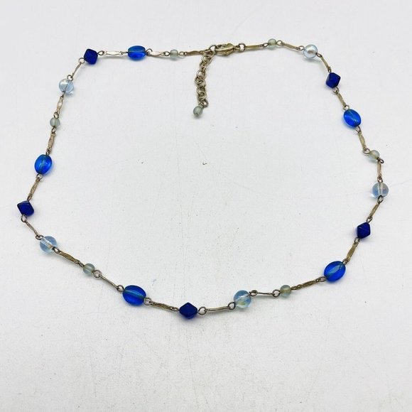 Blue Bead Station Necklace Silver Tone Classic Career Cosplay LARP Sparkle Glam - Picture 2 of 6